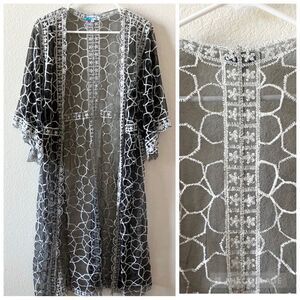 Boho Embroidered Star Sheer Y2K Open Front Longline Festival Duster Cardigan S